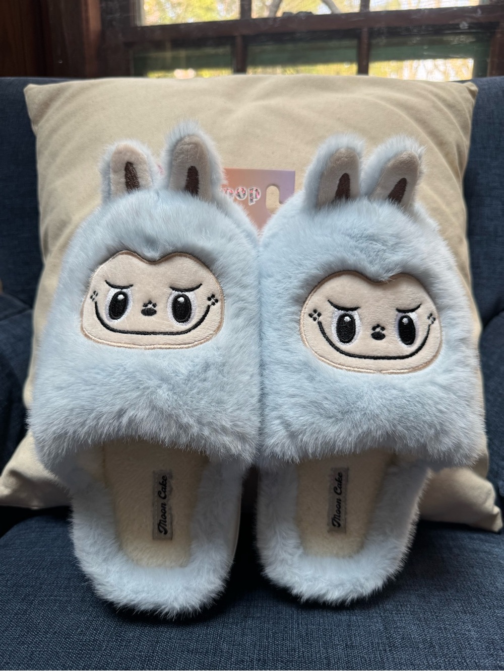 Moon Cake Moodpop Blue Fuzzy “Momster” Face Slippers
